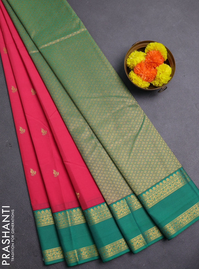 Peach Pink & Teal Green Semi Kanchipram Silk - Buttas