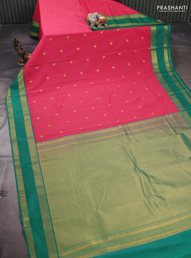 Peach Pink & Teal Green Semi Kanchipram Silk - Buttas