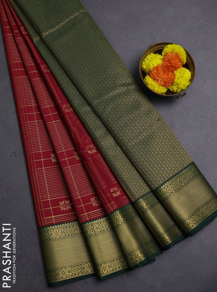Red & Bottle Green Semi Kanchipram Silk - Checks