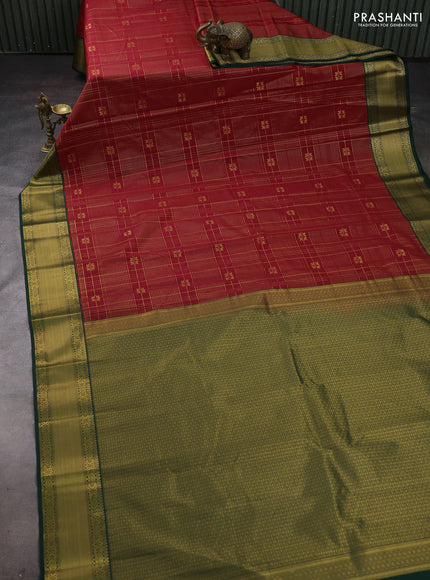 Red & Bottle Green Semi Kanchipram Silk - Checks