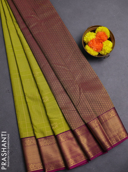 Mustard Green & Magenta Pink Semi Kanchipram Silk - Checks