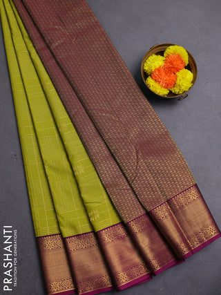 Mustard Green & Magenta Pink Semi Kanchipram Silk - Checks
