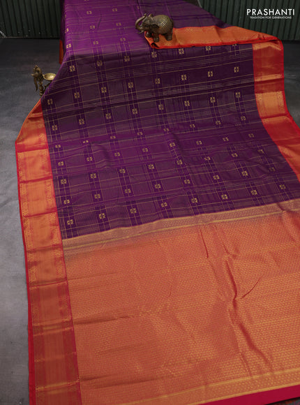 Purple & Red Semi Kanchipram Silk - Checks
