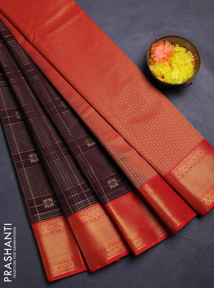 Coffee Brown & Red Semi Kanchipram Silk - Checks