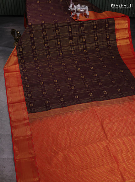 Coffee Brown & Red Semi Kanchipram Silk - Checks