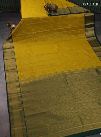 Mustard Yellow & Green Semi Kanchipram Silk - Checks