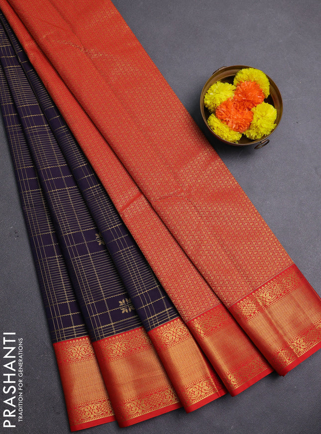 Violet & Red Semi Kanchipram Silk - Checks