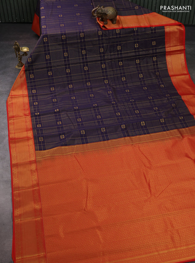 Violet & Red Semi Kanchipram Silk - Checks