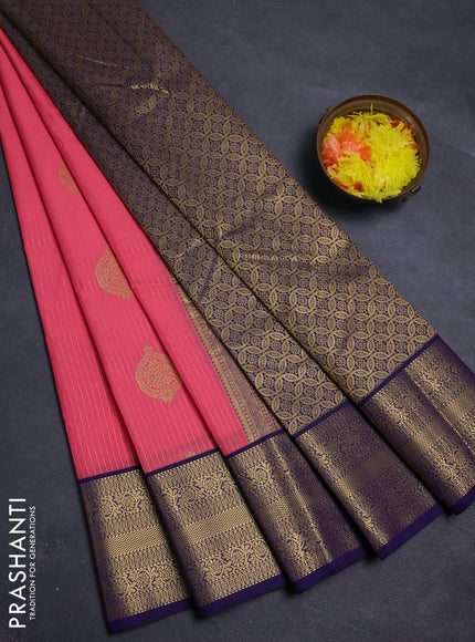Peach Pink & Navy Blue Semi Kanchipram Silk - Buttas