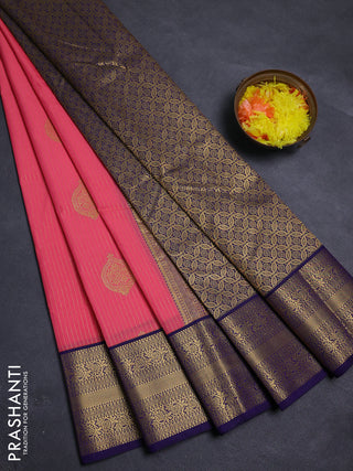 Peach Pink & Navy Blue Semi Kanchipram Silk - Buttas