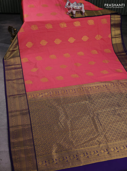 Peach Pink & Navy Blue Semi Kanchipram Silk - Buttas