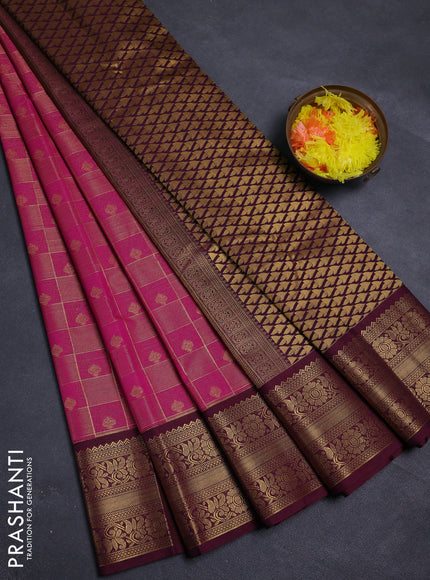 Pink & Wine  Semi Kanchipram Silk - Checks