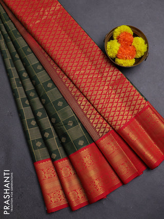 Green & Red Semi Kanchipram Silk - Checks