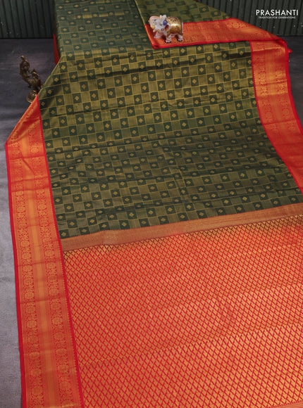 Green & Red Semi Kanchipram Silk - Checks