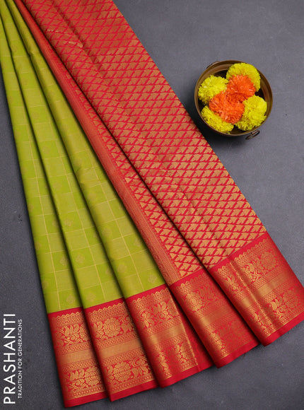 Lime Green & Red Semi Kanchipram Silk - Checks
