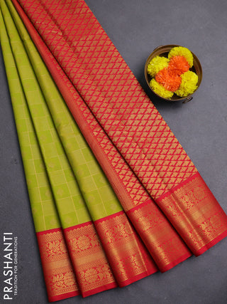 Lime Green & Red Semi Kanchipram Silk - Checks