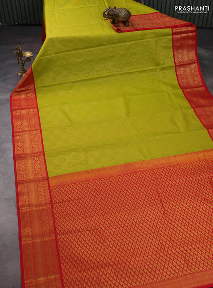 Lime Green & Red Semi Kanchipram Silk - Checks