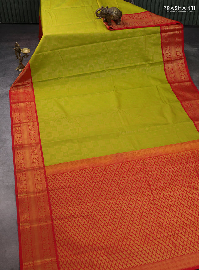 Lime Green & Red Semi Kanchipram Silk - Checks