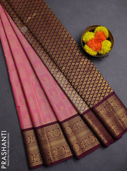 Peach Pink & Wine Semi Kanchipram Silk - Checks