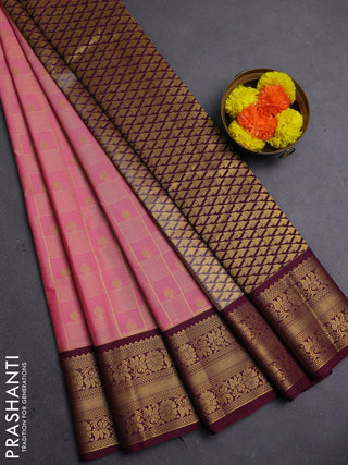 Peach Pink & Wine Semi Kanchipram Silk - Checks
