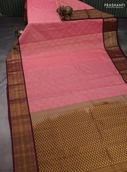 Peach Pink & Wine Semi Kanchipram Silk - Checks
