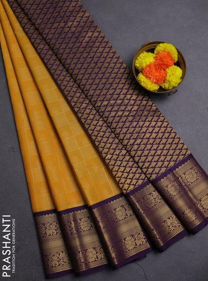 Yellow & Purple Semi Kanchipram Silk - Checks