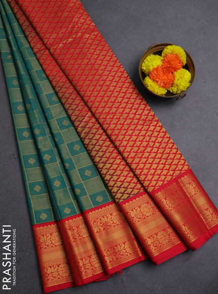 Green & Red Semi Kanchipram Silk - Checks