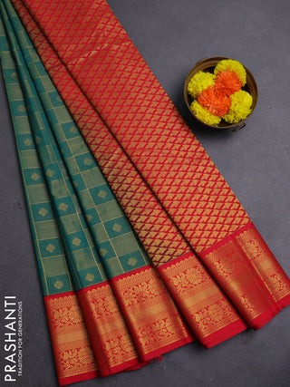 Green & Red Semi Kanchipram Silk - Checks