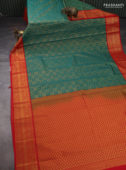 Green & Red Semi Kanchipram Silk - Checks