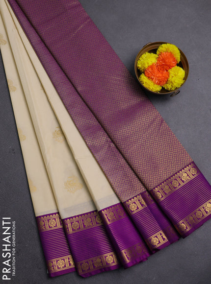 Beige & Purple Semi Kanchipram Silk - Buttas