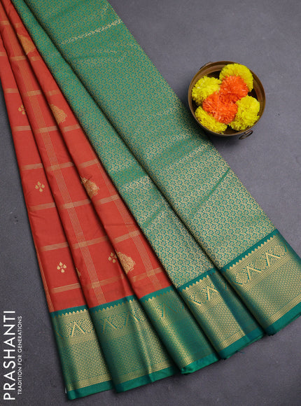 Rust & Green Semi Kanchipram Silk - Checks