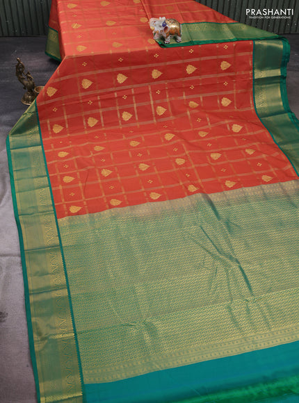 Rust & Green Semi Kanchipram Silk - Checks