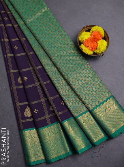 Purple & Green Semi Kanchipram Silk - Checks