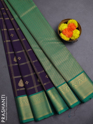 Purple & Green Semi Kanchipram Silk - Checks