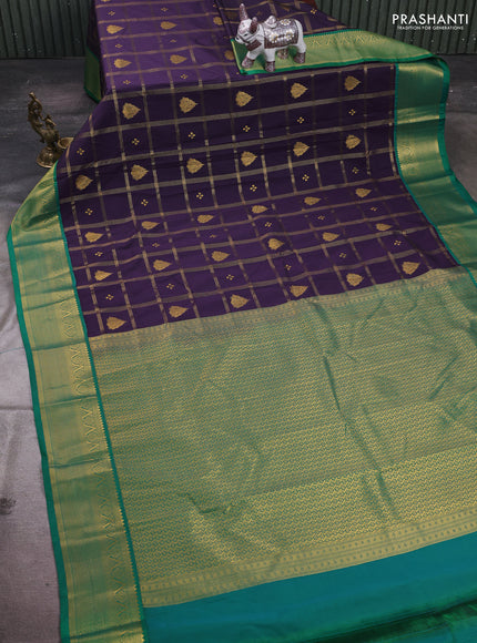 Purple & Green Semi Kanchipram Silk - Checks