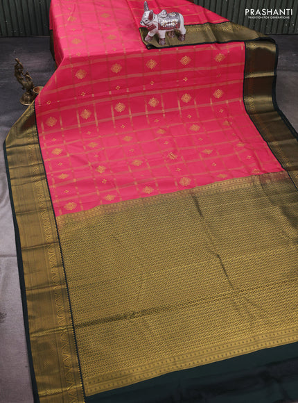 Peach Pink & Green Semi Kanchipram Silk - Checks