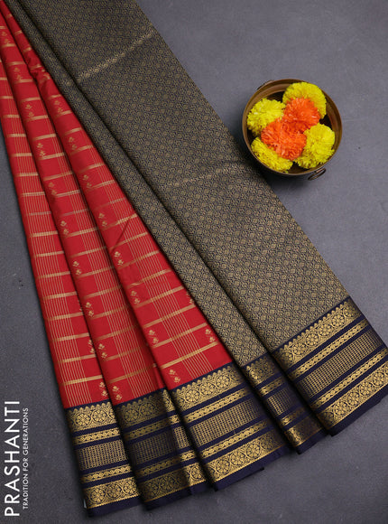 Rust & Navy Blue Semi Kanchipram Silk - Checks