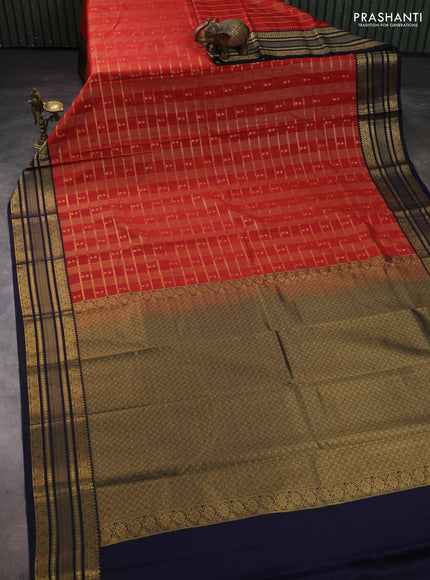 Rust & Navy Blue Semi Kanchipram Silk - Checks