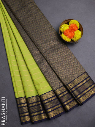 Fluorescent Green & Navy Blue Semi Kanchipram Silk - Checks
