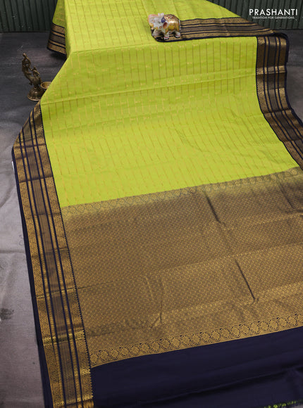 Fluorescent Green & Navy Blue Semi Kanchipram Silk - Checks