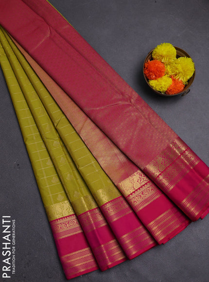 Lime Green & Pink Semi Kanchipram Silk - Checks