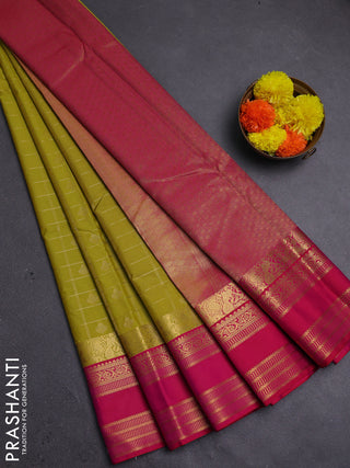 Lime Green & Pink Semi Kanchipram Silk - Checks