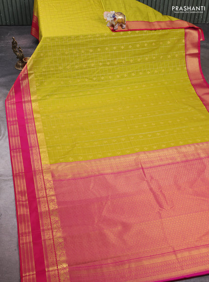 Lime Green & Pink Semi Kanchipram Silk - Checks