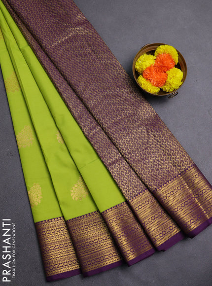 Lime Green & Purple Semi Kanchipram Silk - Self Emboss