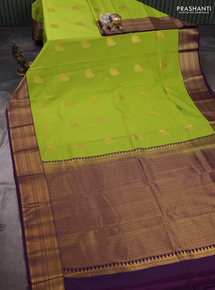 Lime Green & Purple Semi Kanchipram Silk - Self Emboss