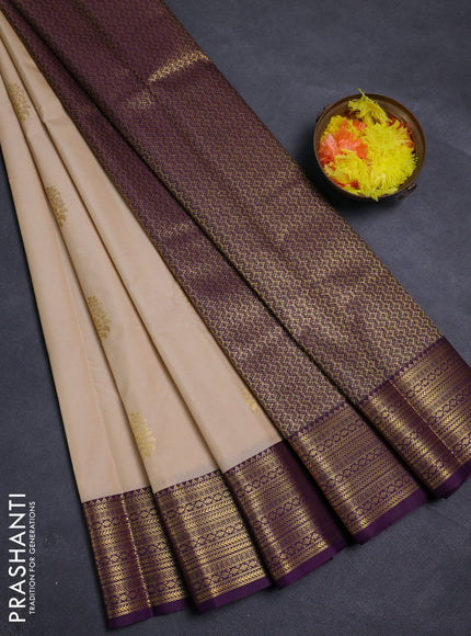 Beige & Purple Semi Kanchipram Silk - Buttas