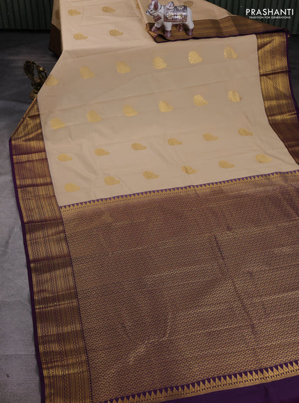 Beige & Purple Semi Kanchipram Silk - Buttas
