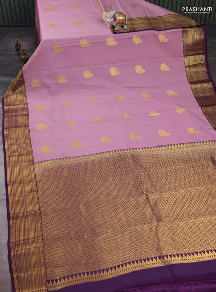 Peach Pink & Purple Semi Kanchipram Silk - Checks