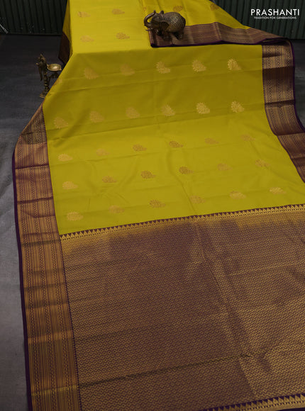 Lime Green & Purple Semi Kanchipram Silk - Buttas