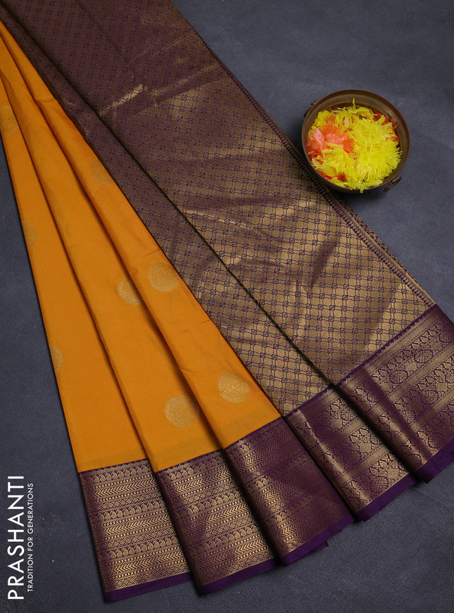 Mustard Yellow & Violet Semi Kanchipram Silk - Buttas